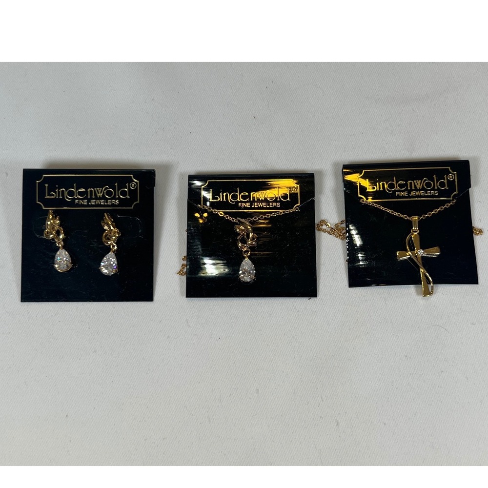 Lindenwold 14K GE Gold Cross Teardrop Necklace Earring Set Cubic Zirconia 3pc